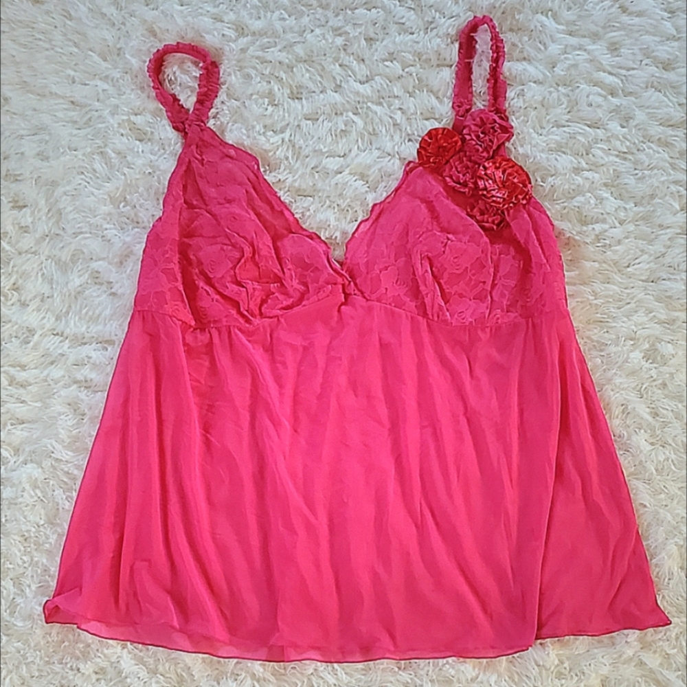 Cacique Teddy Lingerie, Size 26-28, Passion Pink Sheer Style with Flower Design